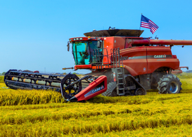 A large red farm combine harvester with an American flag on its roof mulches over a rice field