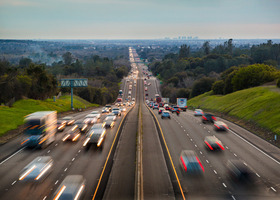 View from above east- and westbound Interstate 80 with heavy traffic