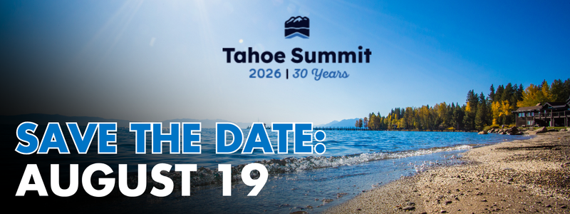 Rocky beach background on Lake Tahoe with the sun shining and a Tahoe Summit 2026 logo celebrating 30 years with text: Save the date: August 19