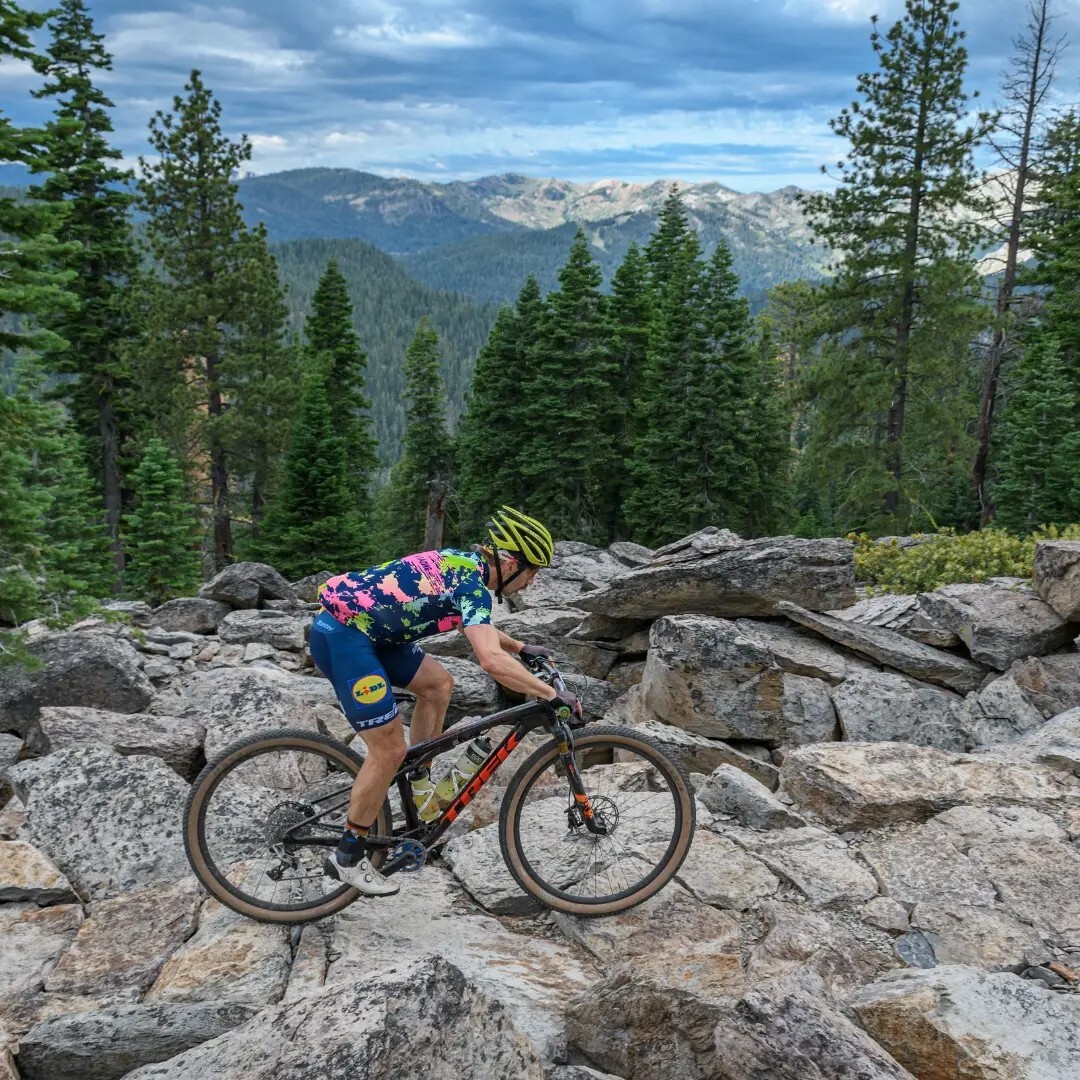 mountain biker biking over rocks with pine trees and hills in the background