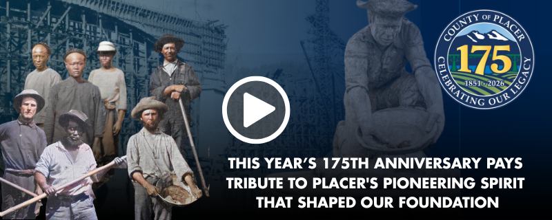 Cutouts of original gold miners in Placer County & the county’s 175th anniversary logo with a play button and text: paying tribute to our foundation.