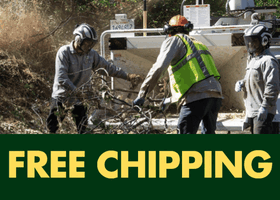 Rotating images of workers putting branches in a wood chipper. Text reads: Free chipping