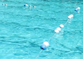 Clear blue pool water with a floating rope marked by alternating white and blue buoys.