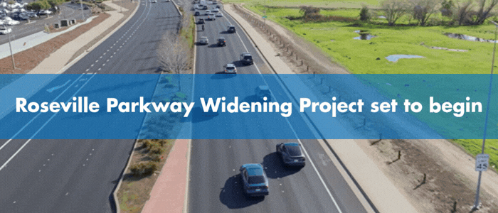 A photo of Roseville Parkway with words saying work is set to begin. The second part of the gif is a map with a Click Here sign.
