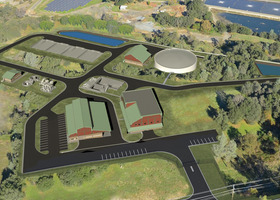 A rendering of the future Ophir Water treatment plant with roadways, buildings and a water tank