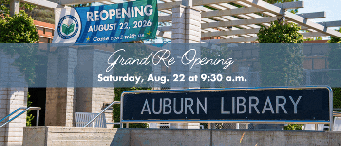 Photo of Auburn Library with a ribbon that says Grand Reopening. A second page that informs that the event will have guided tours and refreshments