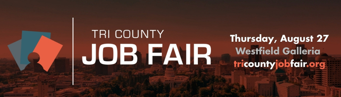 Banner for the Tri County Job Fair with a reddish cityscape background. Text reads ‘Tri County Job Fair,’ ‘Thursday, August 27, Westfield Galleria