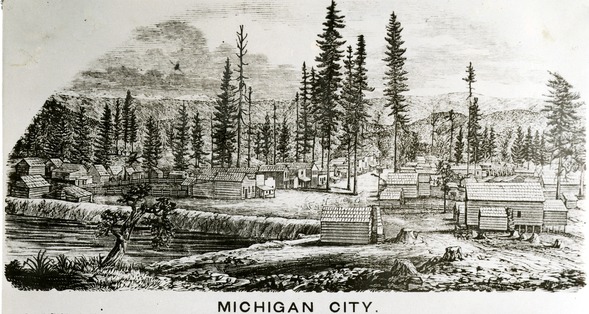 An illustration of Michigan City from 1854 depicting log cabins amid tall pines