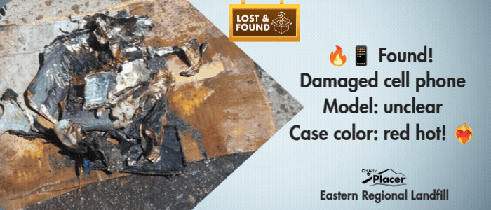 A two-slide gif. 1st slide shows a burned up cell phone with text about the phone. 2nd is a recycle bin with batteries and text about recycling.