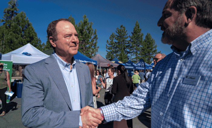 Senator Adam Schiff and Placer CEO Daniel Chatigny, Tommy Caldwell, Cal Fire personnel from the Tahoe Summit