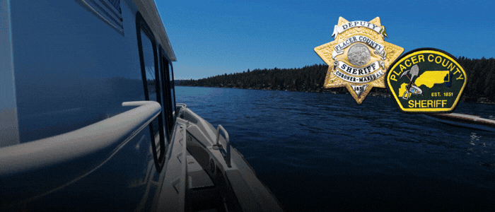 Placer County Sheriff's Office Marine 6 unit on Lake Tahoe with text: Patrolling Lake Tahoe on this episode of The County Line