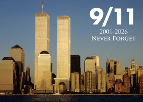 The World Trade Center twin towers in New York City with the words 9/11 2001-2026 Never Forget