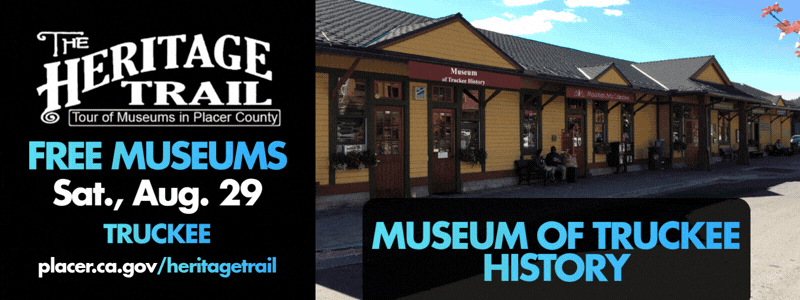 Rotating images of a jail cell, museum front and train caboose. Free museums in Truckee on August 29.