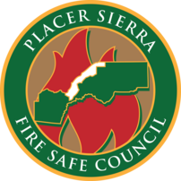 Placer Sierra Fire Safe Council Logo featuring a green outline of Placer County with a flame behind it 