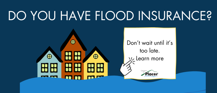 A graphic with homes and water, with question Do you have flood insurance and Learn more.