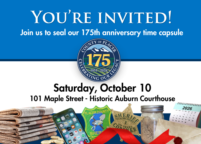 Blue and white background and 175th anniversary invite to the county’s time capsule celebration event on Saturday, Oct. 10