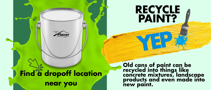 Blue/green background with a paint can and a message that old paint can be recycled and to click to find a dropoff location nearby.