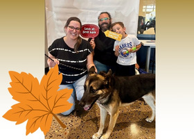 Three people pose together indoors with a large dog in front of them. A large illustrated autumn leaf decorates the lower left corner of the image.