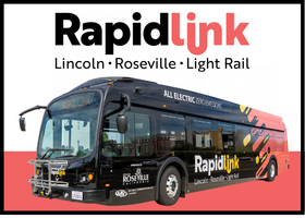White and red background with a black, red and yellow bus and text: Rapid Link Lincoln, Roseville, Light Rail