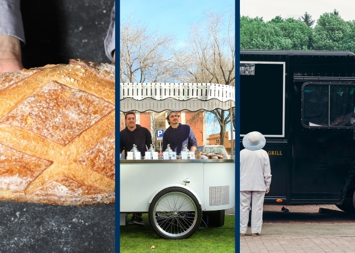 Split screen with a pie on the left, a white cart and two people in the middle and a black truck on the right.