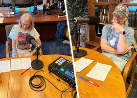 Split screen image of two women having a recorded interview with audio gear between them at a table for Placer County’s oral history project