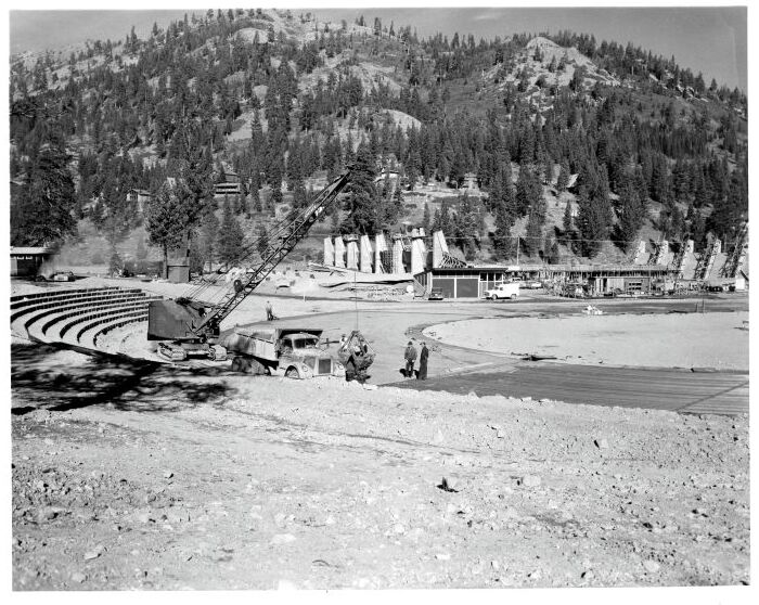 Rows of seating emerge from the construction of a stadium in Olympic Valley for the 1960 Winter Games.