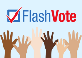 Illustration of six hands with varying skin tones raised with FlashVote logo