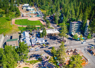 Aerial view of downtown Tahoe City overlooking Grove Street and the proposed Tahoe City Downtown Access Improvements project.