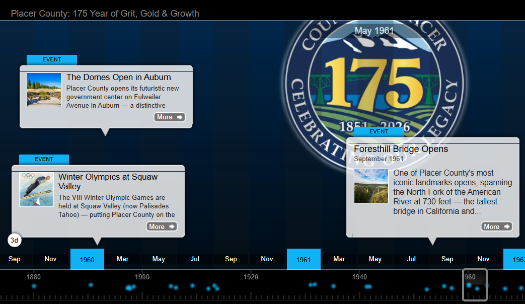 Black background and timeline with the county's 175th anniversary logo and text featuring history items over the years.