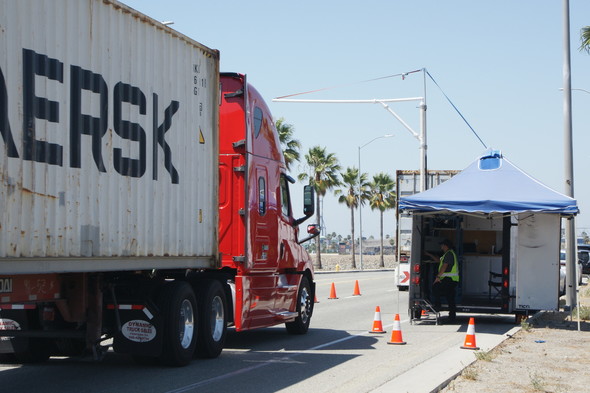 Heavy-duty truck passing through the PEAQS system at the Port of Los Angeles