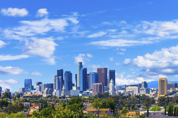 Downtown business buildings with a blue sky
