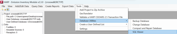 HARP EIM user interface showing where to access the SQL viewer