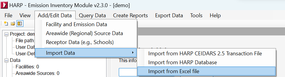 HARP EIM user interface displaying where to access the excel batch importer