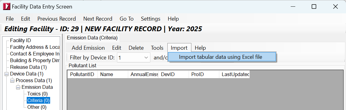 HARP EIM user interface dispalying how to excel import a pollutant
