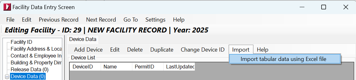 HARP EIM user interface dispalying how to excel import a device