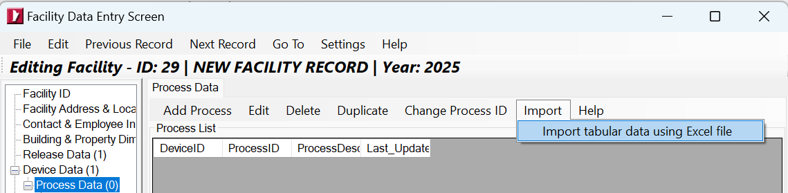 HARP EIM user interface dispalying how to excel import a process