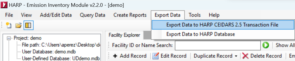 HARP EIM user interface displaying how to export data as a transaction file