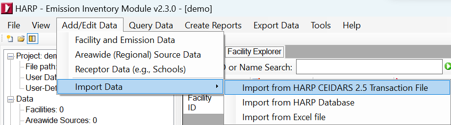 HARP EIM user interface displaying importing of data via transaction file