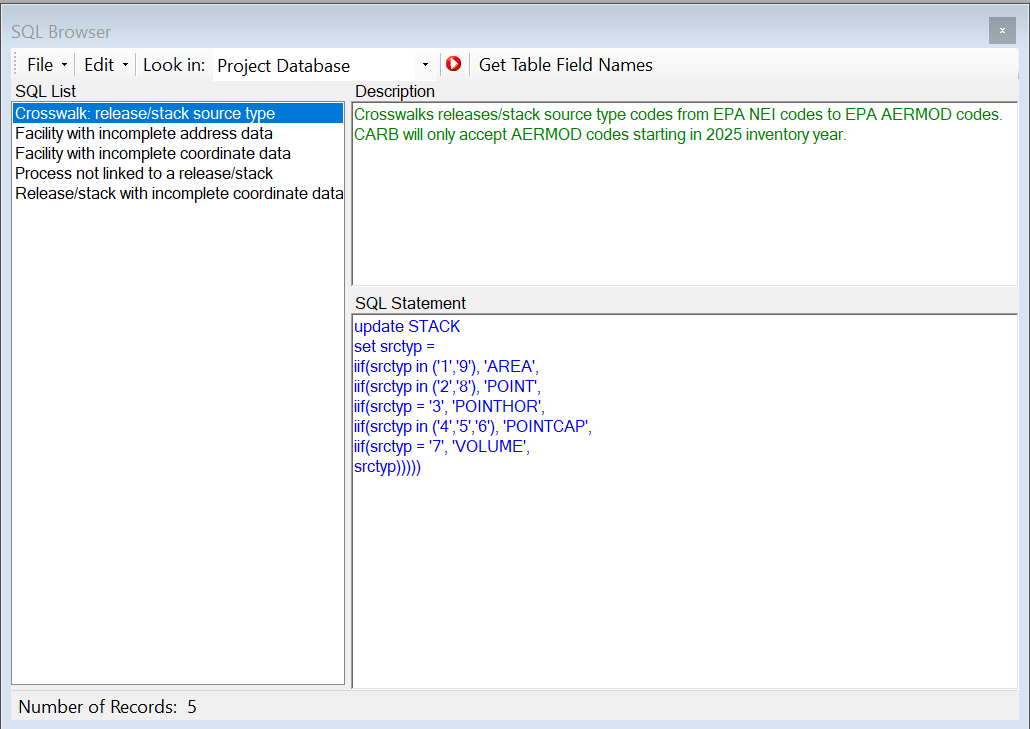 HARP EIM interface displaying the SQL Browser, where users can run pre-defined queries on their project