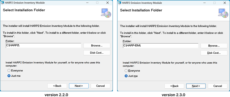 HARP EIM installer's default installation path side-by-side comparison between v2.2.0 and v.2.3.0