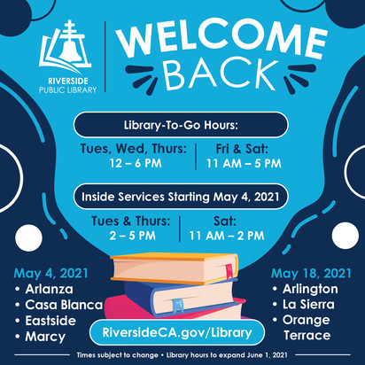 Blue graphic showing new library-to-go hours. Click image to learn more.