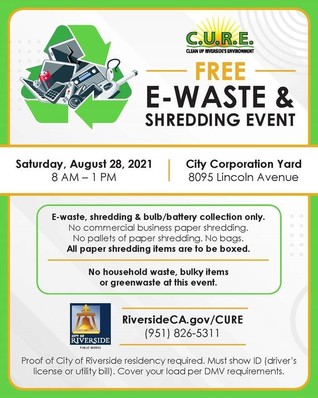 E-waste and shredding event at 8095 Lincoln Ave. on 8/28/21 from 8AM-1PM