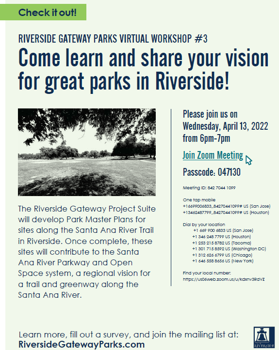 Riverside Gateway Parks Flyer for April 13th Virtual Meeting