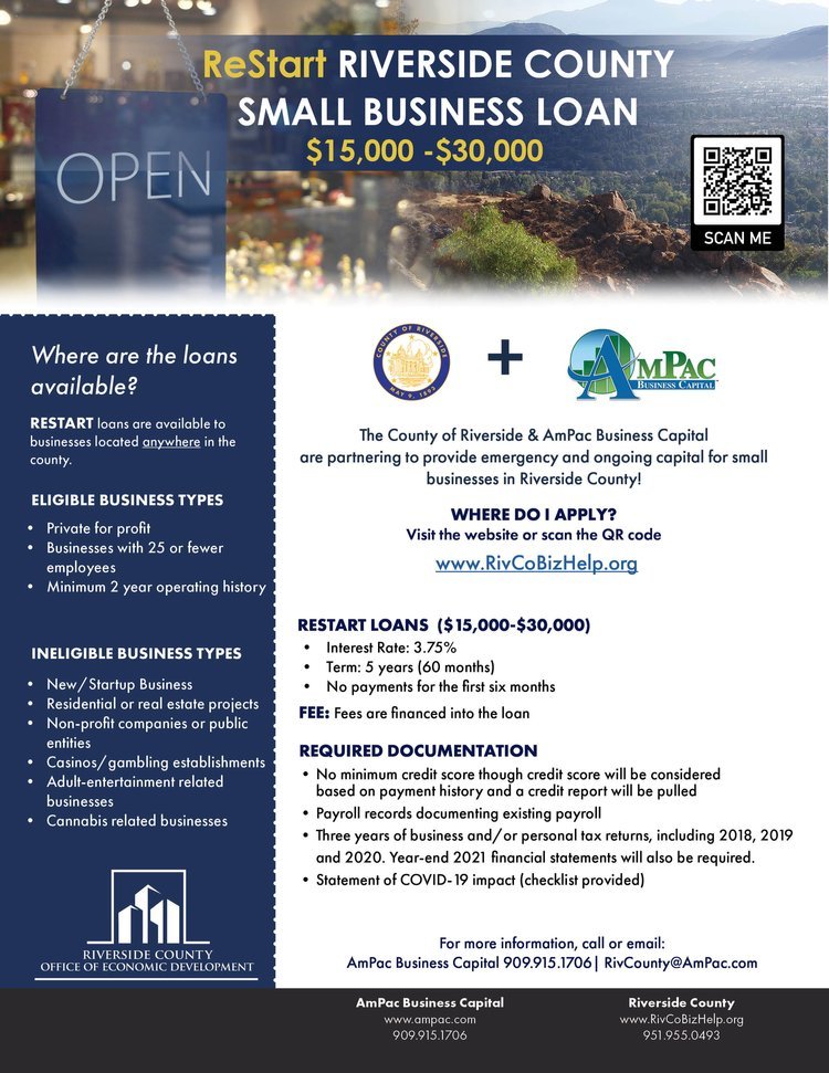 County of Riverside Restart Business Loan. Learn More