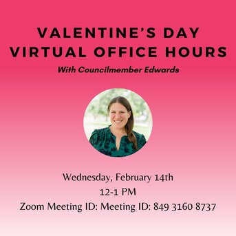 Pink graphic for virtual office hours with Councilmember Erin Edwards