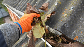 Close up removing old leaves from a gutter