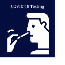 A graphic of a man receiving a nasal swab. Text reads, "COVID-19 testing."