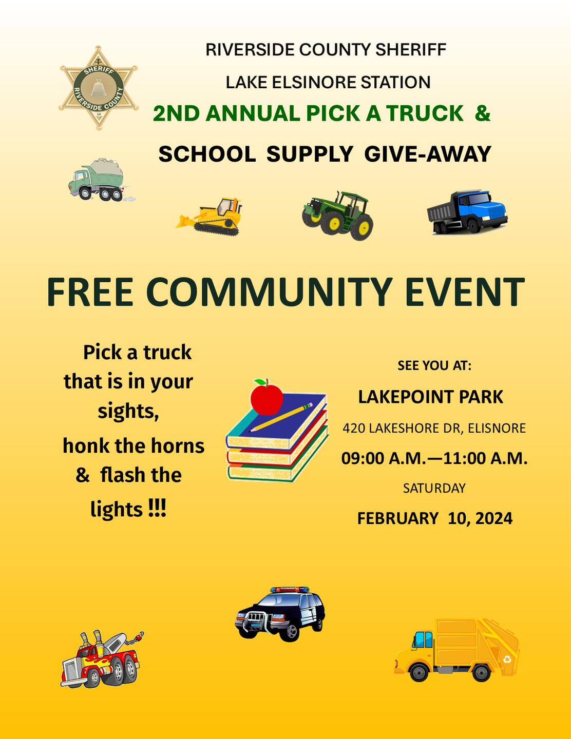 RivCo Sheriff Lake Elsinore 2nd Annual Pick a Truck & School Supply Give-Away