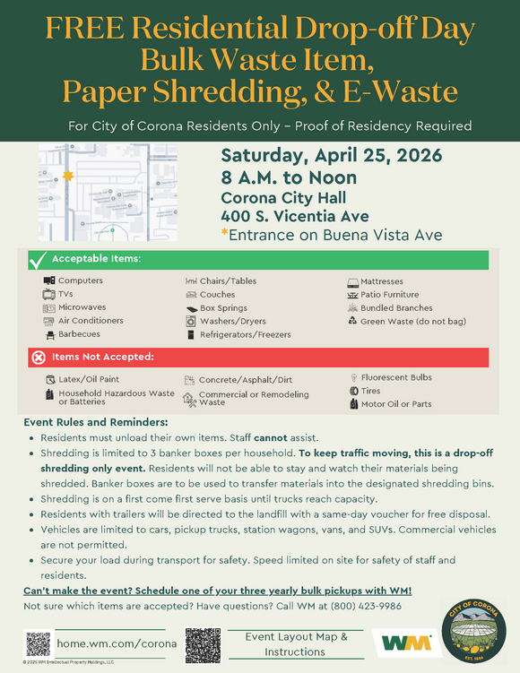 Corona Residential Drop-Off Day: Bulk Waste Item, Paper Shredding, & E-Waste Disposal