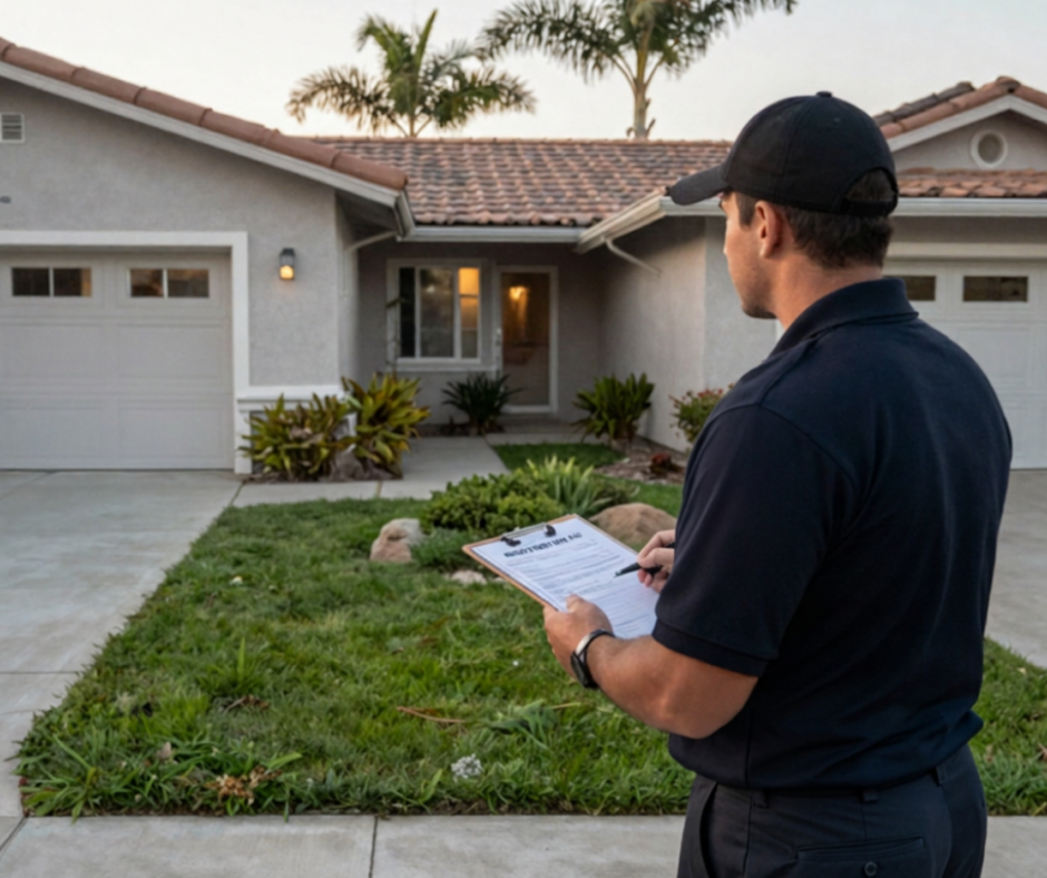 Short-term rental with a code enforcement officer in front of it with a clipboard in his hands